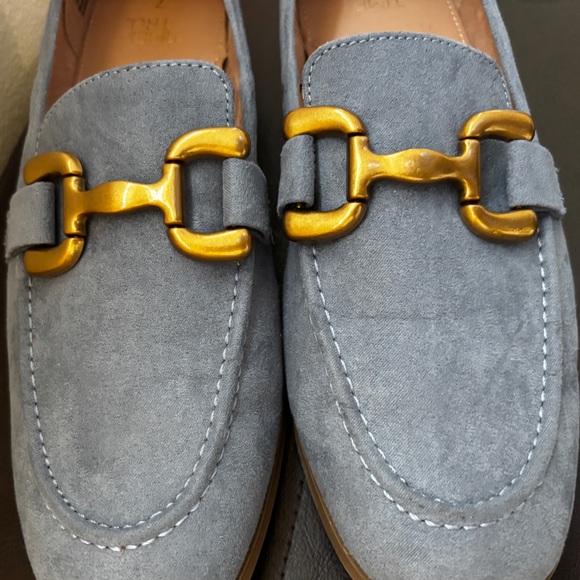 Blue Faux Suede Loafer with Gold Buckle, Flat Slip On Work Shoes, Size 7 - Picture 6 of 11